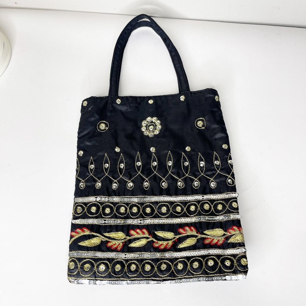 Black Satin Embroidered Sequin Mini Tote Gold Silver Floral Boho Evening Handbag